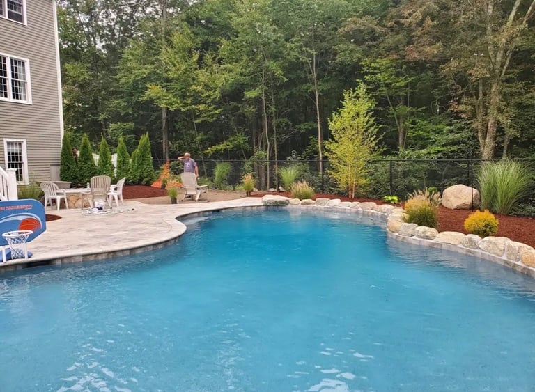Backyard swimming pool with curved stone patio, landscaping, and wooded surroundings