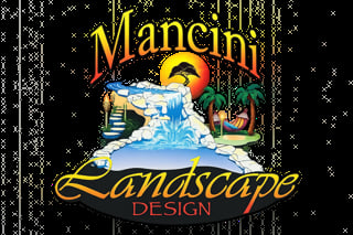 Mancini Landscape Design logo featuring a stylized waterfall, tropical plants, and sunset on a black background