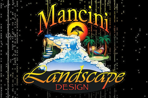 Mancini Landscape Design logo featuring a stylized waterfall, tropical plants, and sunset on a black background